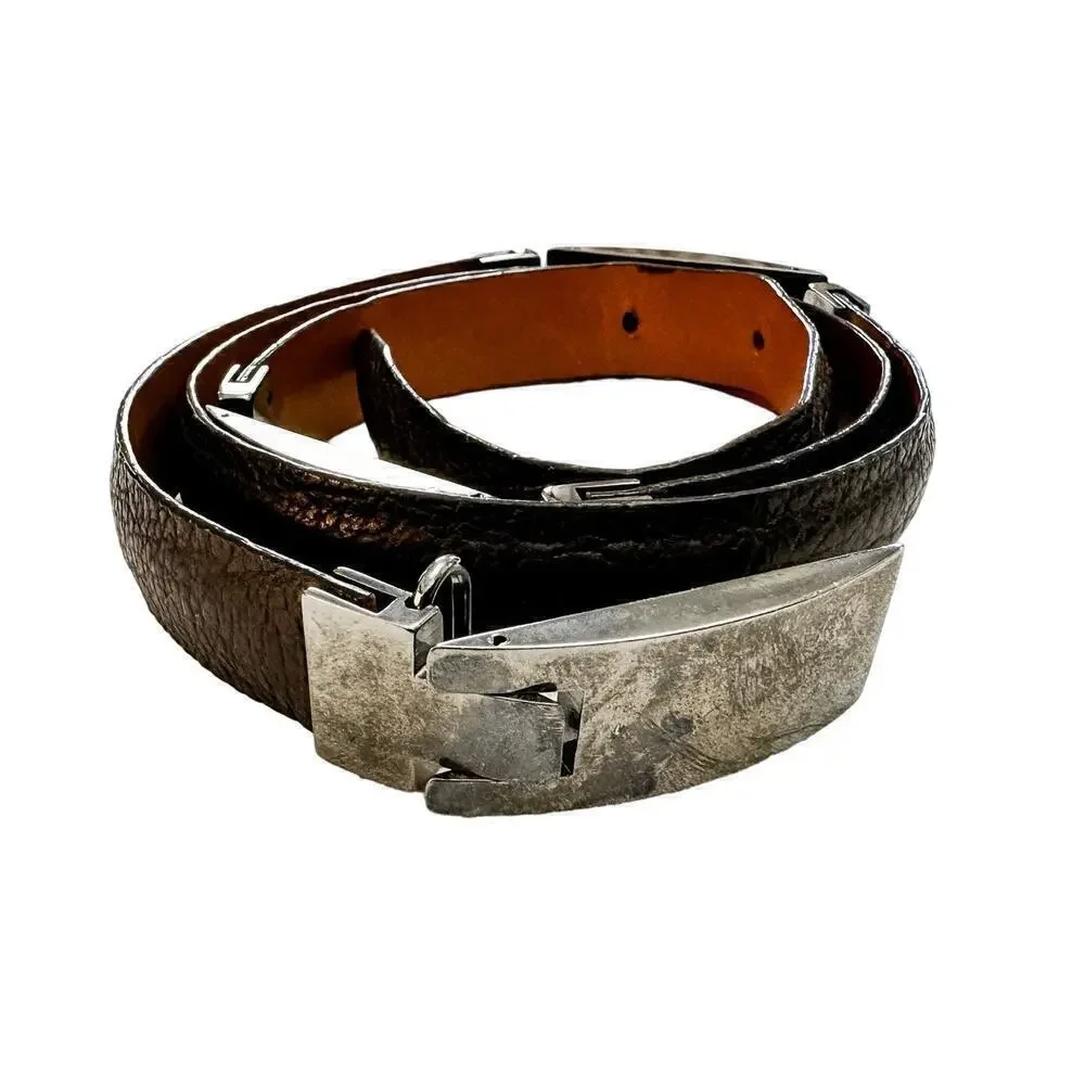 Joan Helpern Black Leather Belt Silver Buckles Size L